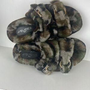 J/SLIDES Genuine Shearling 2 Strap Platform Slide Sandals camouflage 7